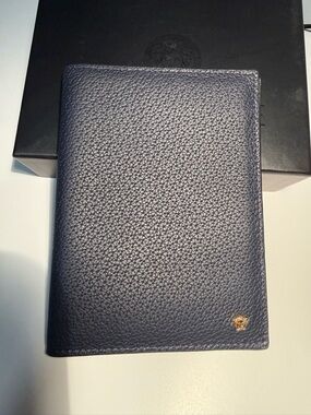 Versace Navy Pebbled Leather passport holder with Gold Medusa Detail